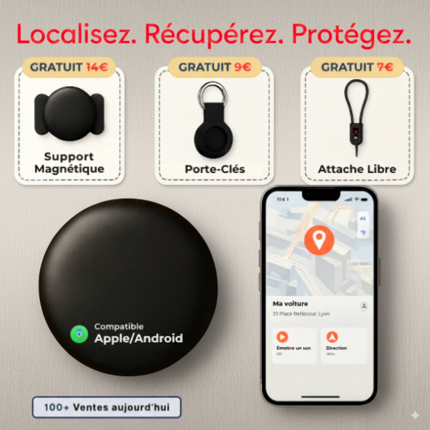 GP90 – Tracker GPS précis sans abonnement (Android/Apple)